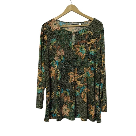 Susan Graver Dark Fall Floral Long Sleeve Shirt Size 1XP Classic Modest - Picture 1 of 5